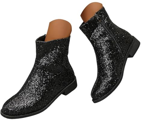 Bottines à paillettes pour femme - Avec fermeture éclair latérale - Confortables et brillantes - Pour fête, soirée, décontractée et quotidienne - Robe de mariée, Noir , 38 EU