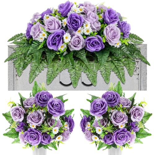 Giegxin 3 Pcs Memorial Day Headstone Flower Saddle Cemetery Flowers for Grave Purple Rose Daisy Artificial Memorial Floral Arrangement with Vase for Gravesite Tombstone Graveyard Outdoor Decorations