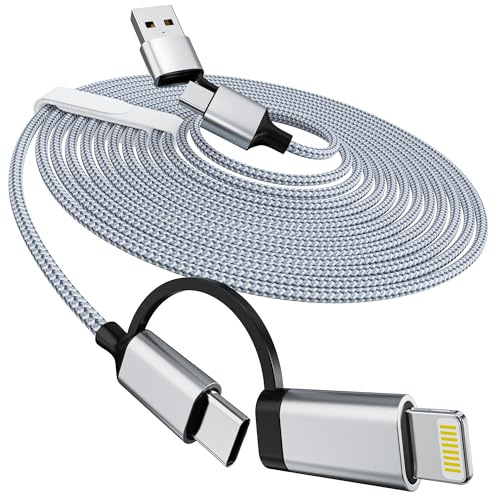 5M Multi USB Charging Cable, Extra Long USB C and Lightning Cable 2-in-1, 60W 5A USB C/A Nylon Braided Multi Phone Charger Cable for iPhone17/16/15, iPhone 14-11, iPads, Android, Galaxy, Note - Grey