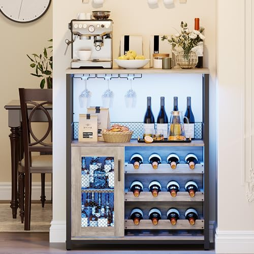 Aptliton Wine Cabinet with LED Light,Compact Bar Cabinet with Mesh Door,Wine Glass Holder & Adjustable Shelves,Freestanding Drinks Cabinet for Kitchen,Dining Room or Living Room,Grey