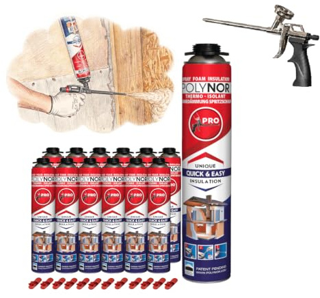 POLYNOR PUR-Wärmedämmung in der Dose PRO – Set – 12 Schaumstoffe – Schaumpistole – Sprühbare Wärmedämmung – Dämmung von Wänden, Dächern, Decken, Rohren – Aerosol 750 ml