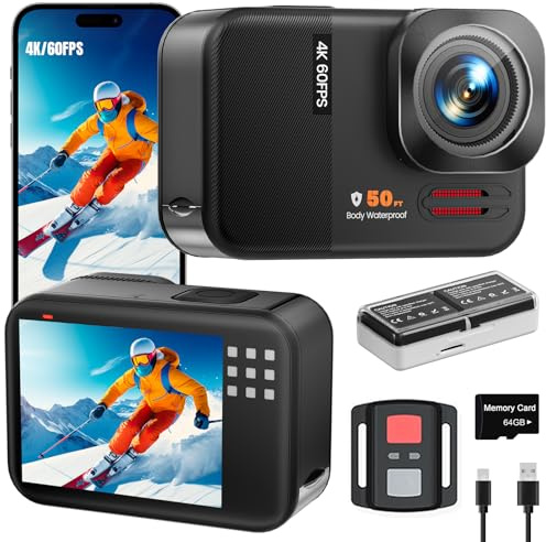Euorosi 4K 60FPS Cámara Deportiva - 48MP WiFi Cámara Acuática con Tarjeta 64G, Zoom 8X, 170° EIS, Subacuática 15M, con Control Remoto, 2 * 1350mAh Baterías (64GB)