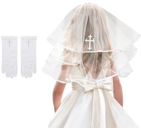 RUIXIA Set de Voile et Gants pour Fille pour Première Communion,Mariage Voile avec Ruban et Croix Gants à Croix Strass pour Fille Accessoire de Mariage pour Enfant