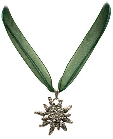 Heimatflüstern Trachtenkette Organzaband mit Strass-Edelweiß - Damen Dirndlkette, Organzakette Edelweiss für Trachtenbluse und Lederhose, Dirndl-Schmuck Kristallstein fürs Oktoberfest (grün)