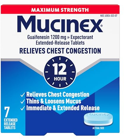 Mucinex 12 Hour Maximum Strength 1200 mg Guaifenesin Extended-Release Tablets for Excess Mucus Relief, Expectorant Aids Excess Mucus Removal, Chest Congestion Relief, 7 Tablets