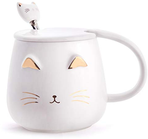 Angelice Home Tasse à café en céramique avec cuillère en acier inoxydable - Motif chat - Pour les amoureux des chats - Pour femmes et filles