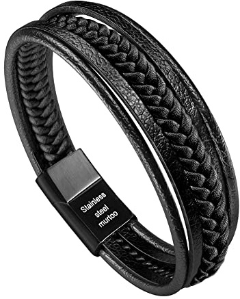 murtoo Bracelet Homme Cuir Véritable Bracelet et Acier Inoxydable Cuir pour Les Hommes(Noir sans Joint magnetique,19)