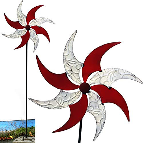 GeKi Trend 2er Set Windrad Garten Metall Schmiedeeisen Vintage Gartendeko bunt rot Windmühle Windspiel Gartenstecker 48 cm Flügel x 150 cm groß kugelgelagert