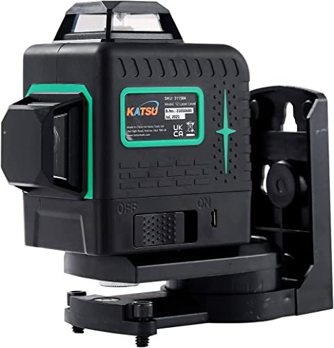 KATSU Livella laser Autolivellante verde 3x360°, 3D Livello Laser 12 Linee, Linea Trasversale Verde Orizzontale Verticale Strumento Laser con Modalità Impulsi per Interni ed Esterni, con Batterie 2X