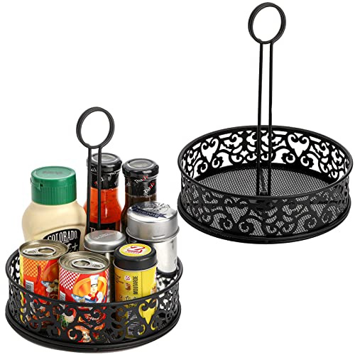 Lyellfe 2 Pack Condiment Caddy with Menu Number Card Holder | Metal Black Restaurant Table Caddy, Decorative Carved Seasoning Organizer for Grill Outdoors, Kitchen Cabinet, Camping