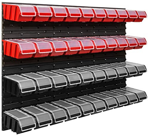 Lagersystem Werkstattregal | 117 x 78 cm | 40 stck. Box | Wandregal mit Stapelboxen - Wandplatten Extra Starke Schüttenregal Warkzeuglochwand Lagerregal Garage Regal (2)