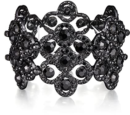 EVER FAITH Pulsera Mujer Cristal Austríaco Brazalete Elástico Boda Flor Negro Tono