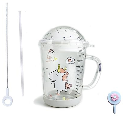 Xfeyaqlo Bicchiere con cannuccia, bicchiere con coperchio e cannuccia, con coperchio, fondo antiscivolo e cannuccia in silicone, per latte, tè, per microonde, (pony bianco, vetro, 400ml) Xfeyaqlo