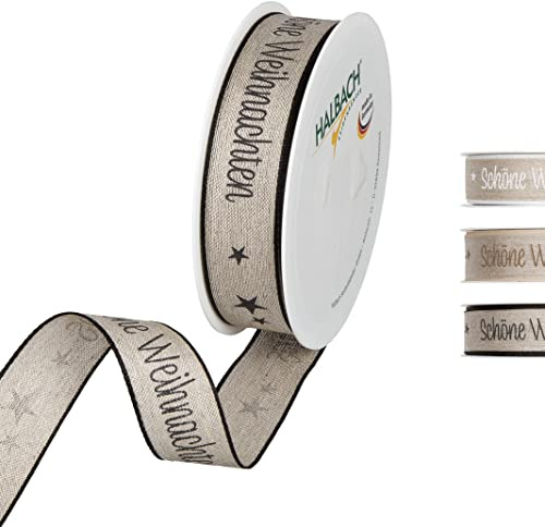 Halbach Weihnachts-Geschenkband aus Leinen, 25 mm x 15 m, natur/schwarz | Schleifenband Druckband mit formbare Drahtkanten, Made in Germany, für Geschenke und den Christbaum