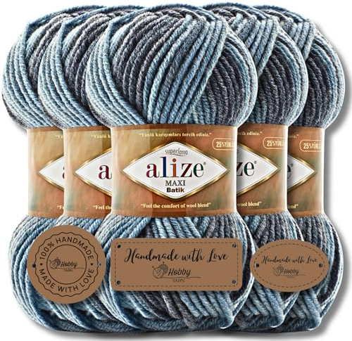 Hobby YARN 3x Etikettenlabel mit Alize Superlana Maxi Batik Wolle Premium 5x100g als Set, Yarn, Garn, Strickgarn mit Farbverlauf, Baby, zum Häkeln, Stricken, Kleidung, Schals (7785)