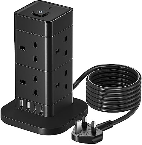 hotimy 3M Tower Extension Lead with USB Slots, 13A 8 Way Extension Lead Surge Protection with 2 Type C & 2 USB Ports, Multi Plug Extension Lead Tower Black 3 Meters Extension Cord for Home, Office