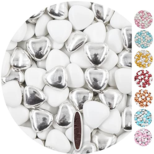 EinsSein 1kg Schokoherzen Dragees Mix medium weiss-silber glanz Gastgeschenke Hochzeit, Taufe, Kommunion, Kindergeburtstag | Schokodragees, Dragees in Herzform bzw. Schokolinsen als Ersatz für