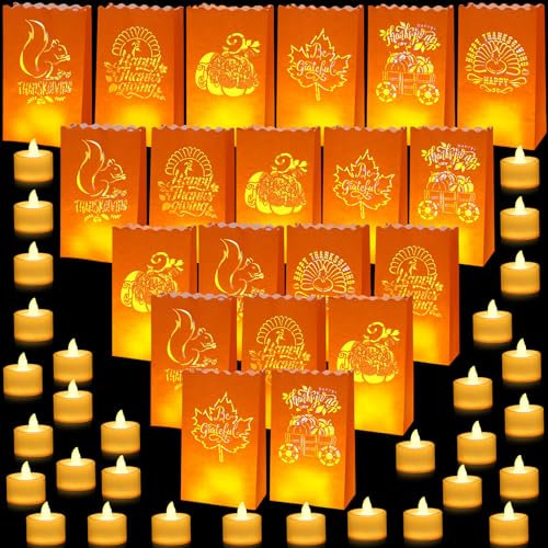 Roowest 24 Set Thanksgiving Luminaries Bags with Flameless LED Tea Lights, Flame Resistant Paper Bags Luminary Lantern Bags 6 Designs Orange Candles Bags for Thanksgiving Home Party Outdoor Decoration