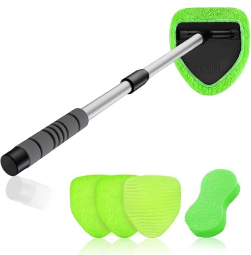XINDELL 29-inch Windshield Cleaner Tool – Car Interior Window Cleaning Kit with Extended Long Handle & 4 Microfiber Pads, Auto Wiper Windshield Brush for Car, Trucks, SUVs, RVs & Home