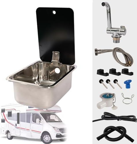 TRUNXUCL Camping Wohnmobil Reisemobil Spüle mit klappbarem Wasserhahn und Deckel, Camper-Einbauwaschbecken aus Edelstahl, Handwaschbecken-Set für Wohnwagen, Yacht, Küche, Bar (Color : Square)