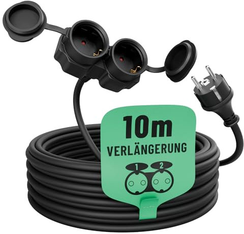 greate 2fach Verlängerungskabel 10 Meter aussen - Verlängerungskabel außen wasserdicht IP44-2 Fach Mehrfachsteckdose Verlängerung für Aussenbereich 10m 3500 W, Outdoor Extension Cord Waterproof