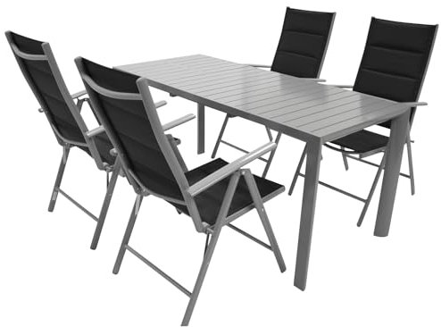DEGAMO Gartengarnitur BAGO 5-teilig, 4X Klappsessel aus Aluminium Silbergrau und gepolstertem Textilgewebe in schwarz + 1x Ausziehtisch Aluminium 120/162x70cm, Silbergrau