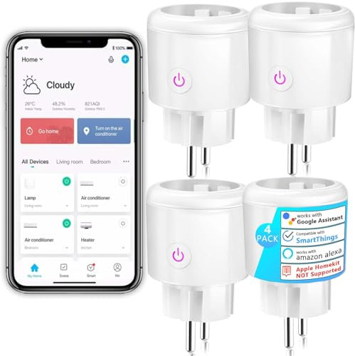 SURFOU WLAN Steckdose mit Strommessgerät, Smart Home Zeitschaltuhr Steckdose, 2.4 GHz WiFi Smart Plug Funktioniert mit Alexa, Google Home, Sprachsteuerung, Fernzugriff, Kein Hub Notwendig, 4 Packs