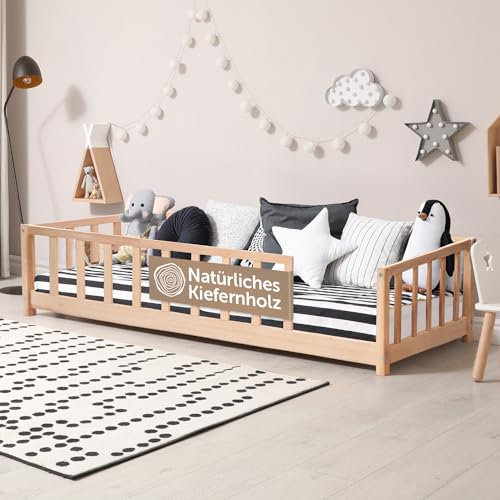Famifidus Bodenbett 90x200 cm | Montessori Bodenbett inkl. Rausfallschutz und Lattenrost | Kinderbett für Jungen und Mädchen (Natur, 90 x 200 cm)