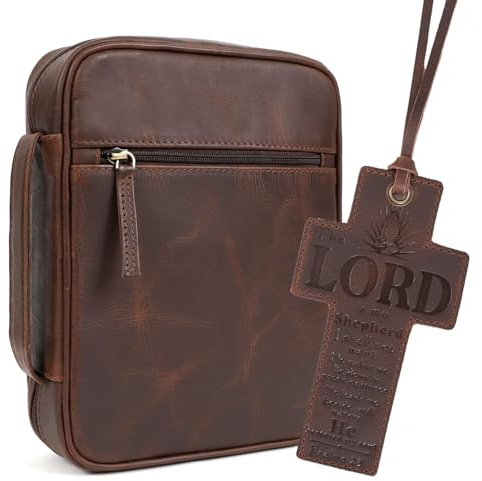 ELIZO Bibelhülle aus Leder für Männer und Frauen, kleine Buchhülle, Reißverschluss, Bibeltasche, Tragetasche, Braun, Large