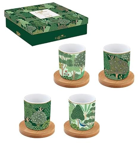 Easy Life COFFRET 4 TASSES A CAFE 11 CL EN PORCELAINE AVEC SOUCOUPE EN BAMBOU COFFEE MANIA New