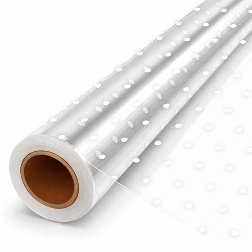 volila Geschenkfolie Transparent (Weiße Punkte) – 40cm x 30m Cellophanfolie für Geschenkkörbe – 3mm Dicke Vielseitig Einsetzbare Klarsichtfolie für Blumensträuße, Floristenfolie, Essenspaket (1 Rolle)