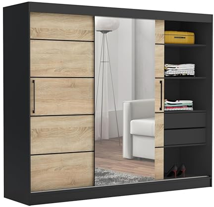 Brent - Kleiderschrank mit Spiegel und Schubladen 235cm Breit Chelsea Tomy, Schwebetürenschrank mit Spiegel, Schlafzimmerschrank, Kleiderschrank Schwarz/Sonoma Eiche