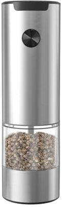 Molinillo de pimienta eléctrico, trituradora automática a pilas, recipiente transparente lavable de 95 ml, con grosor ajustable y luz LED para cocina, viajes, camping, picnics