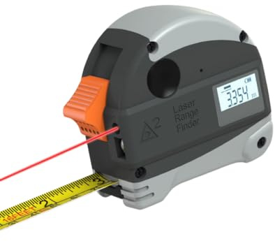 Mesureur À Ruban Laser 2-en-1, Capable De Mesurer Jusqu'à 131 Pieds Avec La Technologie Laser. Le Ruban Mesure 16 Pieds En Unités Métriques Et Américaines. Il Possède Un Écran Numérique LCD