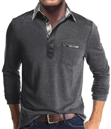Duohropke Henley Shirt Herren Langarm Waffle Poloshirt Herren Ohne Kragen Henley Shirt Herren mit Brusttasche Langarmshirt Herren Knopfleiste Sport Henley Shirt