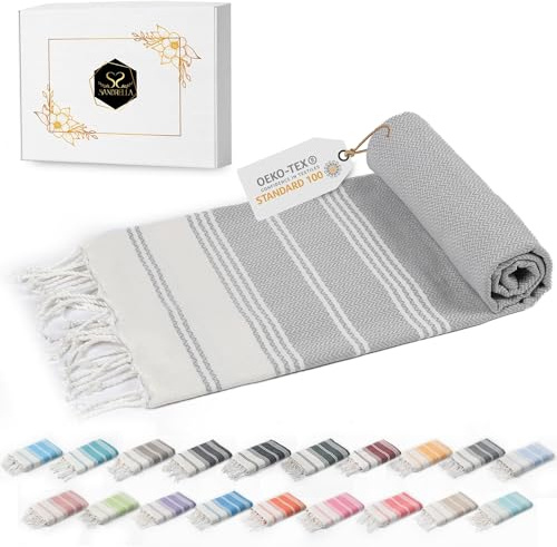 Sandrella Hamamtuch Sauna Damen & Herren groß 100x200 Baumwolle Strandtuch Decke Pestemal Geschenkset | hellgrau