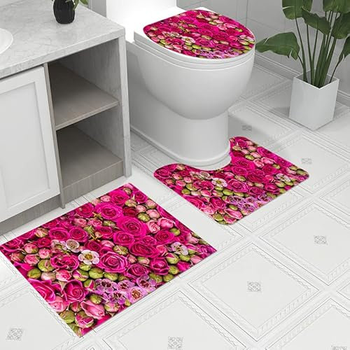 Bad Teppiche Set 3-Teiliges Rose Rote Blume WC Vorleger Mit Ausschnitt Badematte Saugfähig WC Deckelbezug Badvorleger rutschfest Waschbar Toilettensitzbezug Badgarnitur (50x80cm)