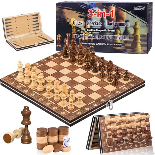 HOVIBU Magnetisches Schachspiel, 3 in 1, Einklappbares Schachbrett aus Holz, Reiseschach, Tragbares Hochwertiges Magnetisches Schach für Familienaktivitäten und Partys, für Kinder und Erwachsene