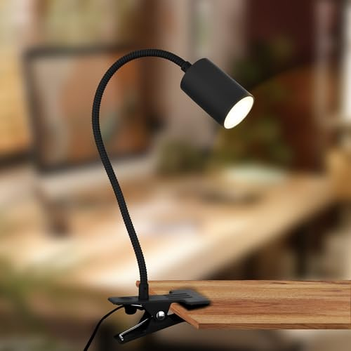 B.K.Licht - Lampada da tavolo con interruttore a cavo, colore luce bianca calda, regolabile, lampada da lettura, lampada a morsetto, luce da comodino, ufficio,letto, luce per bambini, 40x10x6.5cm,nero