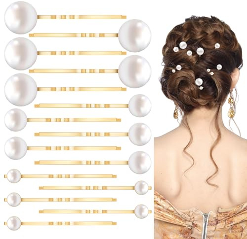 AOZUO 15 Pcs Pearl Bobby Pins - Gold Hair Pins in 3 Sizes for Wedding, Elegant Hairpins and Hair Clip Barrettes Accessories for Brides, Bridesmaid, Women, Girls
