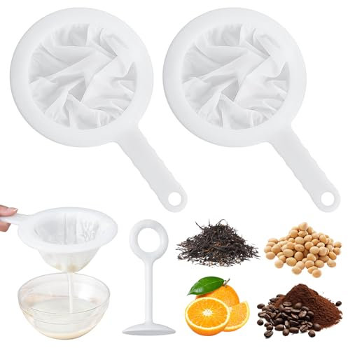 Paquete de 5 coladores de malla de nailon ultrafino con mini barra de escoria de plástico, tamiz de plástico, cuchara de filtro de malla fina para leche de soja, café, leche, yogur, jugo, kéfir, miel,