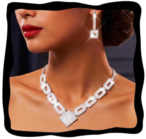 Fashband Set de joyas de novia en cristal con strass plateados, collar y pendientes, joyería formal para mujeres y novias, Talla única, Acero aleado, No es una piedra preciosa