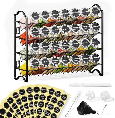 Enjoior Juego de 28 tarros de especias y 120 etiquetas, organizador de especias para cocina y armario, estante para especias de pared o de pie, sistema completo de almacenamiento de especias (negro)