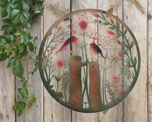 Round Metal Garden Wall Art with robin birds and Flowers Design, Outdoor Decorative Panel, 60cm, powder coated, peeling effect