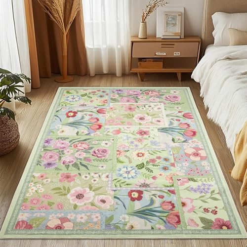 MOSISO 91 x 152 cm Tappeto Soggiorno, Motivo Floreale Intrecciato, Morbido | e Antiscivolo Interni Pelo Corto Finta Lana Rettangolare Lavabile per Arredo Casa,Comodino, Camera Letto,Sala Pranzo, Verde