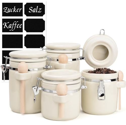 ZEEBERBO 4 Stück Keramik Vorratsdosen Set, Luftdichte Küchen Kanister mit Metallverschluss, Holzlöffel, Kreideetiketten & Marker Für Zucker Kaffee Mehl Tee Vorratsaufbewahrung (Beige)