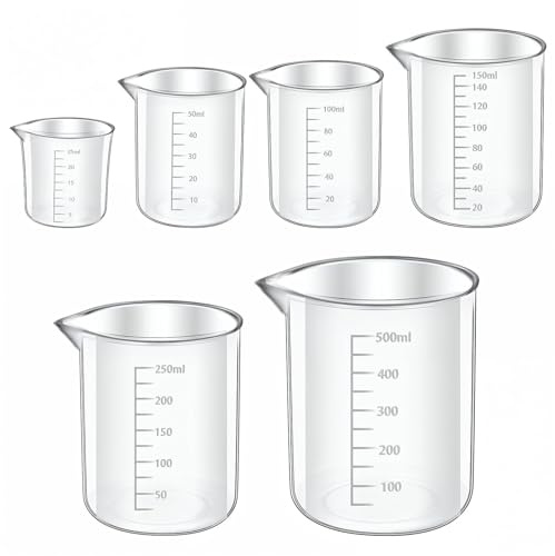 LXUEJIE 6 Pcs Plastic Graduated Beaker, 6 Sizes Transparent PP Measuring Cup Mixing Cup Lab Measuring Cups in 500ml/250ml/150ml/100ml/50 ml, 25 ml Capacity for Kitchen Lab Science Experiments