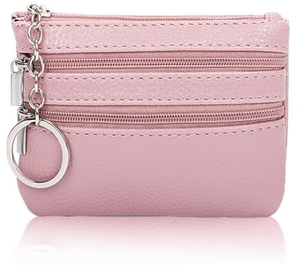 Gadom Small Coin Purse, Leather Wallet for Woman, Zipper Coin Pocket Small Ladies Purse with 3 Compartments & Keychain, Lightweight, Easy to Carry (Pink)
