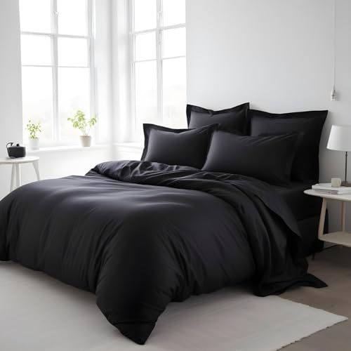 Cozy Living double duvet set Black 200x200cm – Soft Brushed Microfiber Bedding with Button Closure & 2x Pillowcases, Easy Care, Lightweight & Durable