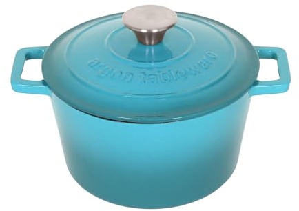 Argon Tableware Round Cast Iron Casserole Dish with Self-Basting Lid - 2.8L - Teal Ombre - 1x Induction Hob Cooking Dutch Oven Bread Baking Serving Roasting Stew Stock Pot Cookware Pan